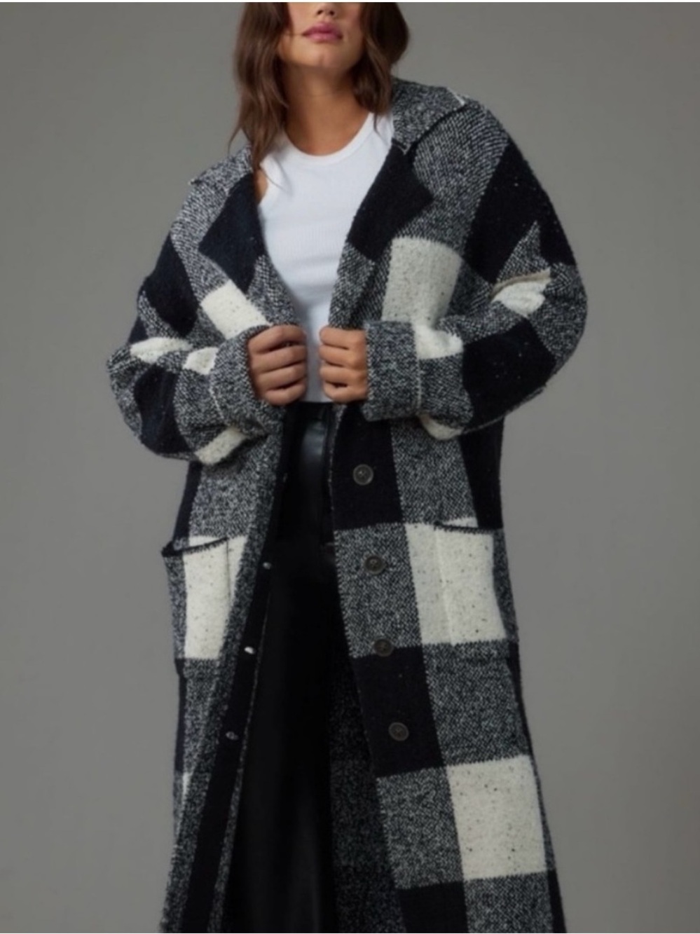 Anthropologie | Pilcro Mackinaw Knit Sweater Coat in Black White Plaid Check XSP
